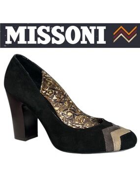 Missoni Black Suede Chevron Toe Block Heel Pump